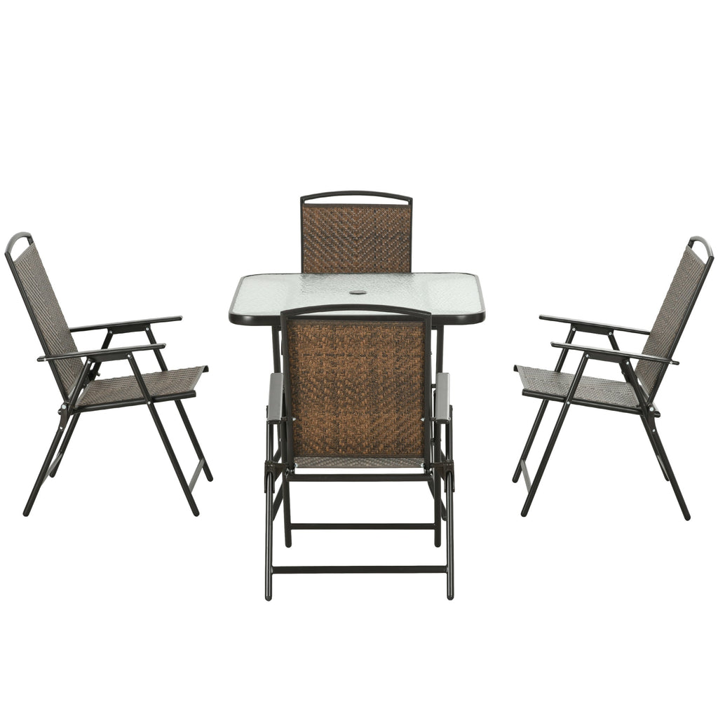 5 Pieces Wicker Patio Dining Set, Foldable Outdoor Table and Chairs, Dark Brown