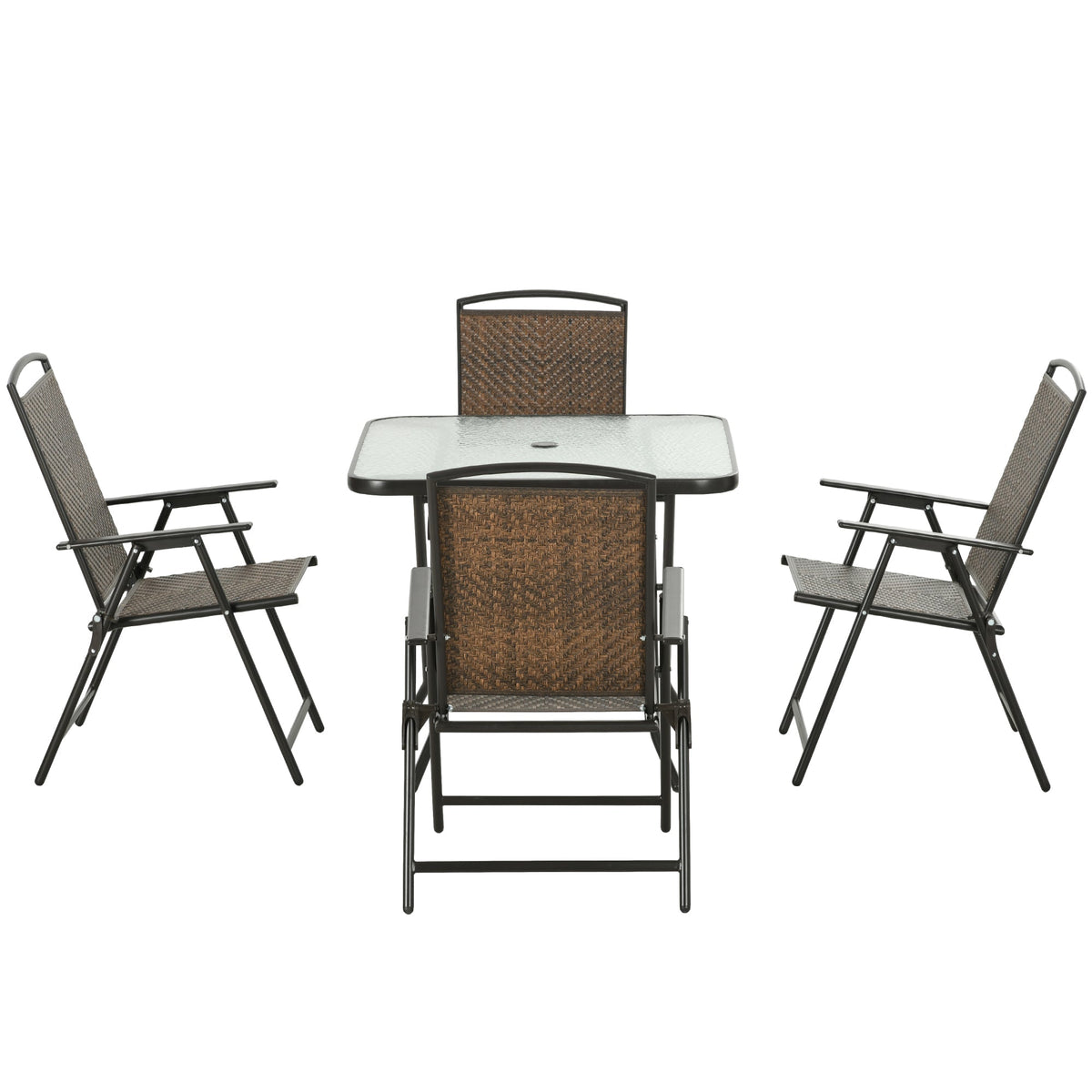 5 Pieces Wicker Patio Dining Set, Foldable Outdoor Table and Chairs, Dark Brown