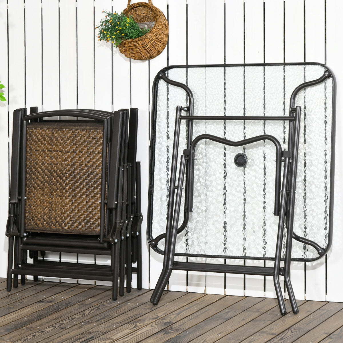 5 Pieces Wicker Patio Dining Set, Foldable Outdoor Table and Chairs, Dark Brown