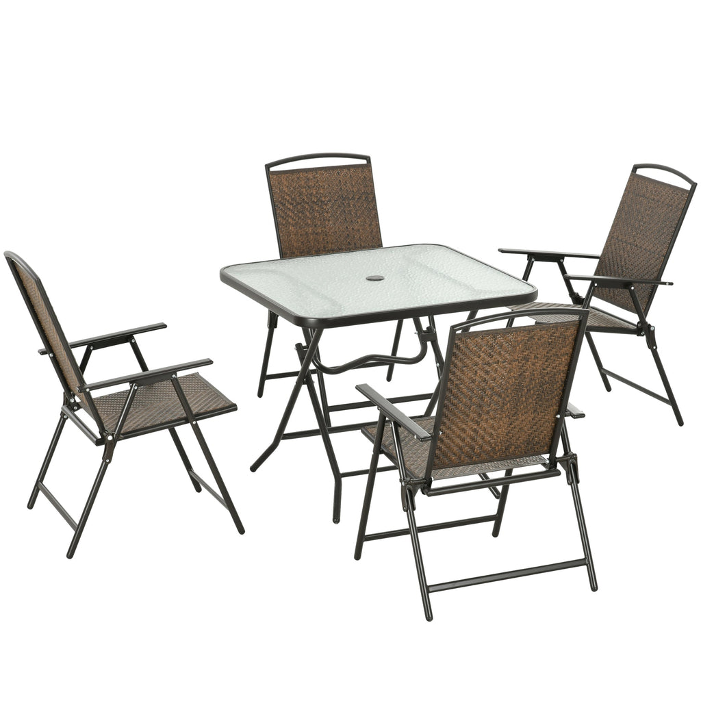 5 Pieces Wicker Patio Dining Set, Foldable Outdoor Table and Chairs, Dark Brown