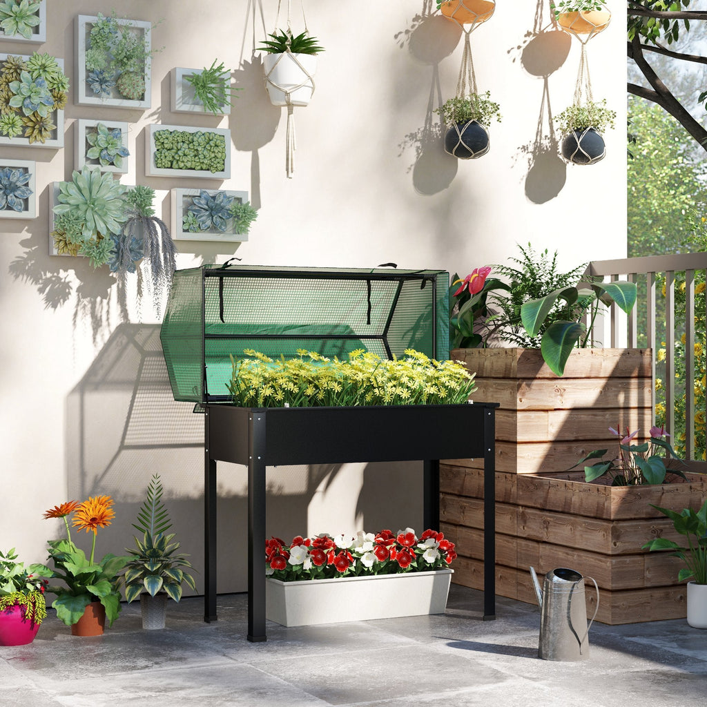 39.4" x 18.9" x 49.6" Raised Garden Bed with Flip-Up PE Greenhouse Cover & Drainage Hole, Black