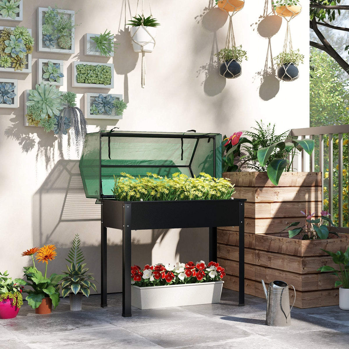 39.4" x 18.9" x 49.6" Raised Garden Bed with Flip-Up PE Greenhouse Cover & Drainage Hole, Black