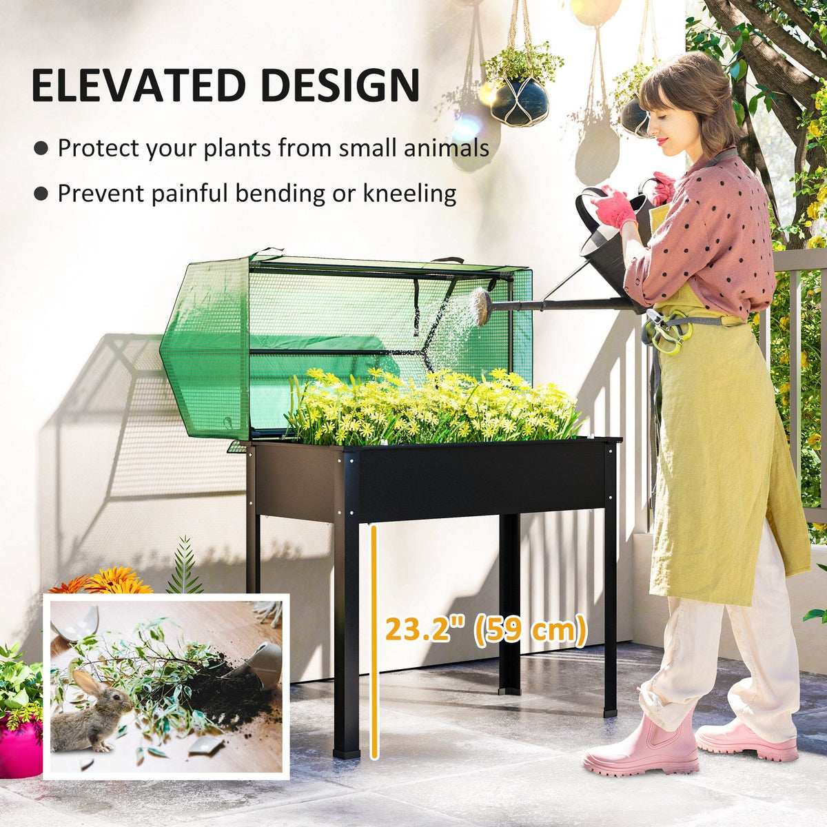 39.4" x 18.9" x 49.6" Raised Garden Bed with Flip-Up PE Greenhouse Cover & Drainage Hole, Black