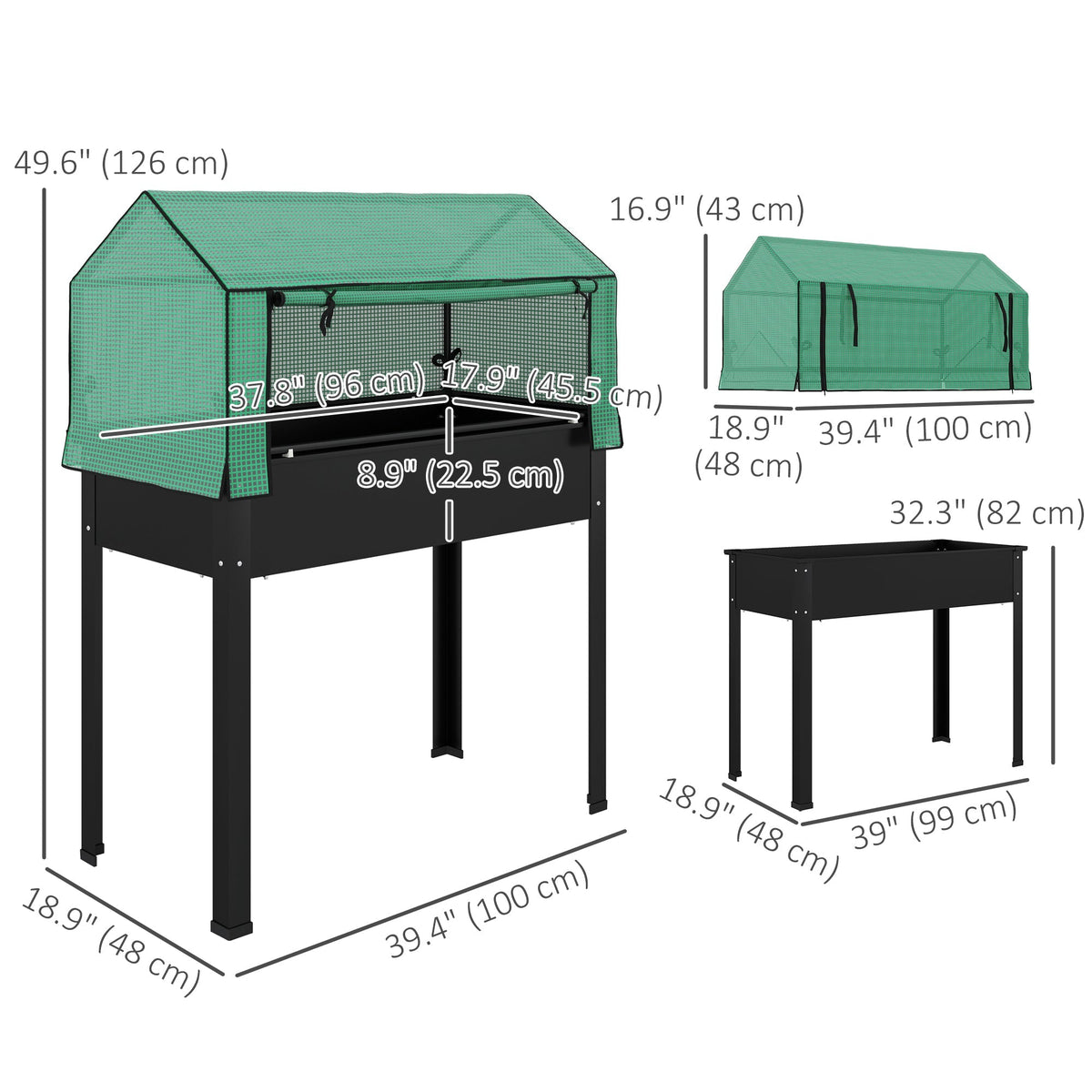 39.4" x 18.9" x 49.6" Raised Garden Bed with Flip-Up PE Greenhouse Cover & Drainage Hole, Black