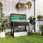 39.4" x 18.9" x 49.6" Raised Garden Bed with Flip-Up PE Greenhouse Cover & Drainage Hole, Black