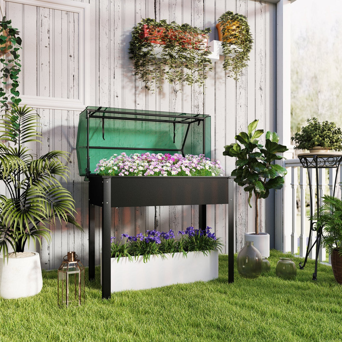 39.4" x 18.9" x 49.6" Raised Garden Bed with Flip-Up PE Greenhouse Cover & Drainage Hole, Black
