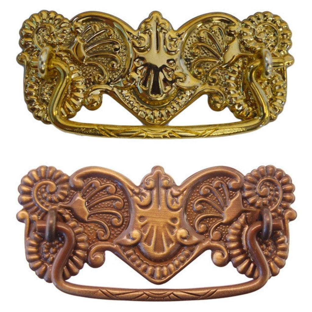 Ornate Victorian Drawer Pull – Brass or Antique Finish, 3" Center-to-Center, Stamped Back Plate, Cast Bail