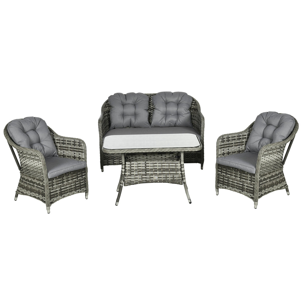 4 Pieces Patio Wicker Sofa Set w/ Tempered Glass Top Table, Loveseat & Armchairs, Grey