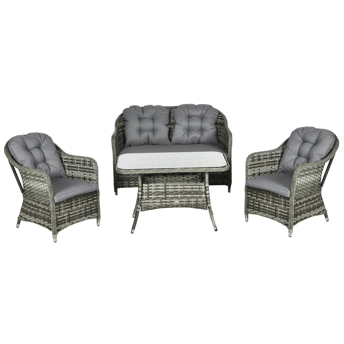 4 Pieces Patio Wicker Sofa Set w/ Tempered Glass Top Table, Loveseat & Armchairs, Grey