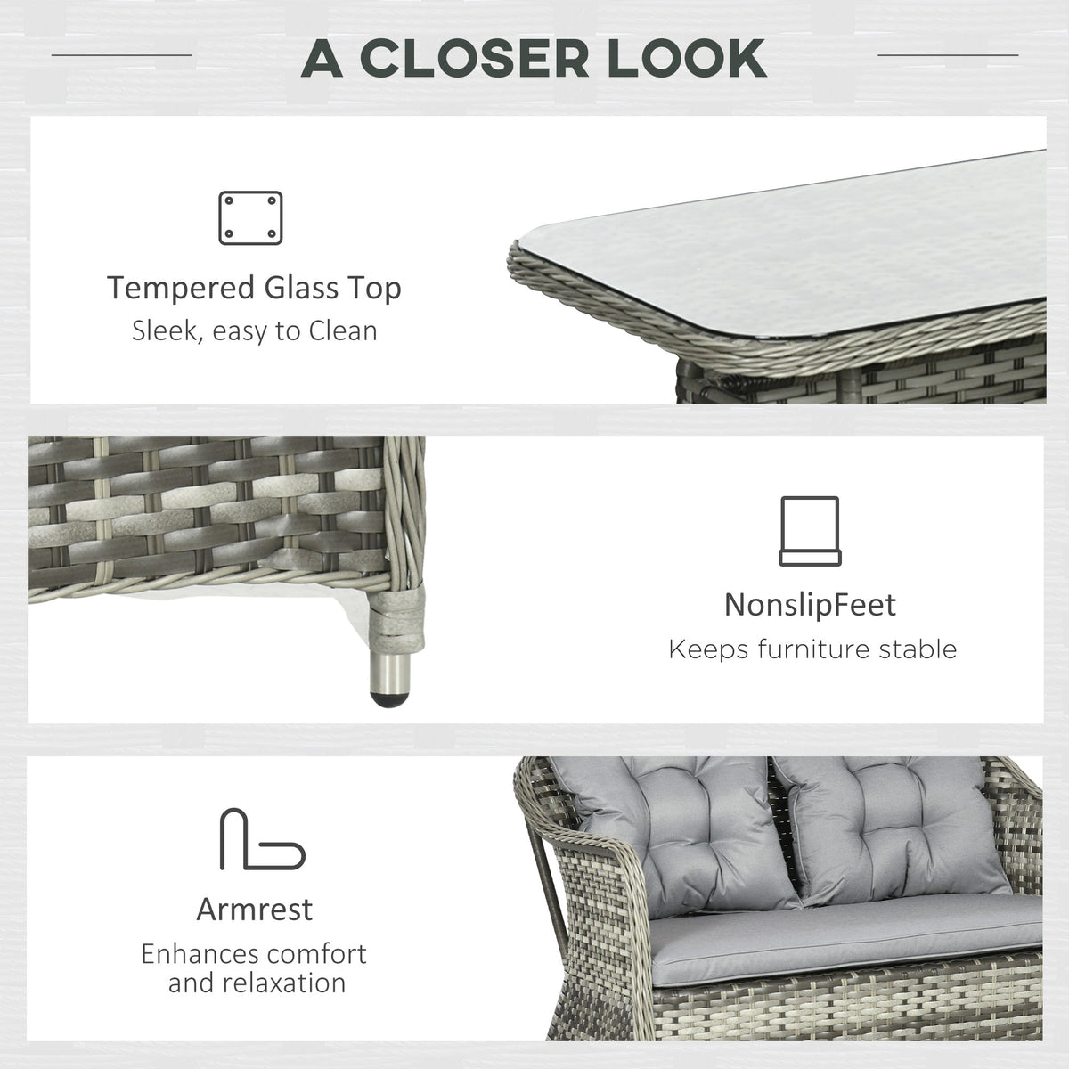 4 Pieces Patio Wicker Sofa Set w/ Tempered Glass Top Table, Loveseat & Armchairs, Grey