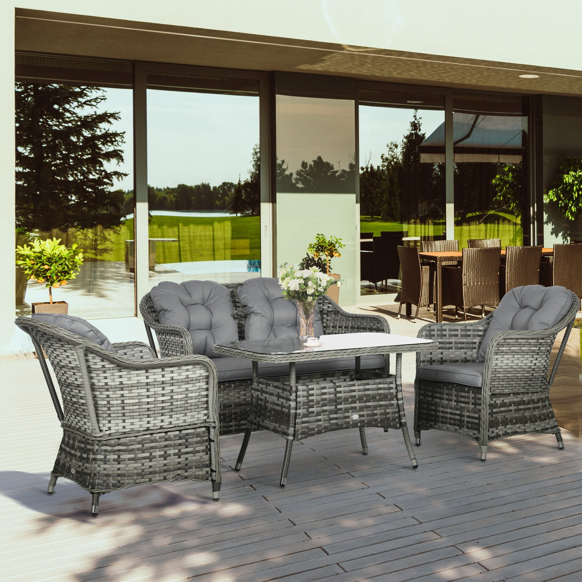 4 Pieces Patio Wicker Sofa Set w/ Tempered Glass Top Table, Loveseat & Armchairs, Grey