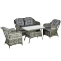4 Pieces Patio Wicker Sofa Set w/ Tempered Glass Top Table, Loveseat & Armchairs, Grey