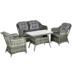 4 Pieces Patio Wicker Sofa Set w/ Tempered Glass Top Table, Loveseat & Armchairs, Grey
