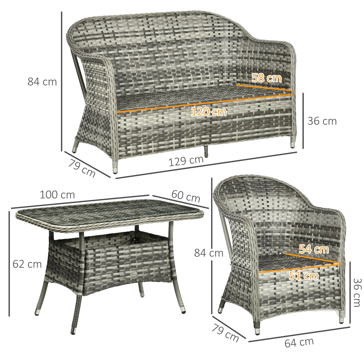 4 Pieces Patio Wicker Sofa Set w/ Tempered Glass Top Table, Loveseat & Armchairs, Grey