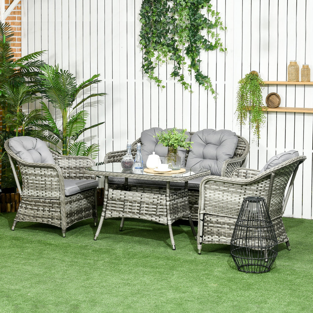 4 Pieces Patio Wicker Sofa Set w/ Tempered Glass Top Table, Loveseat & Armchairs, Grey