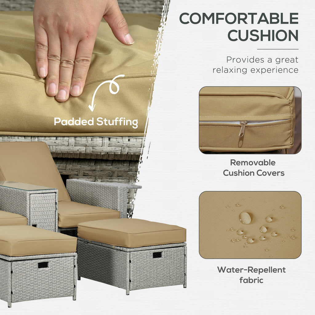 5-Level Adjustable Recliner with Storage Side Table & Footstools for Patio, Poolside, Beige