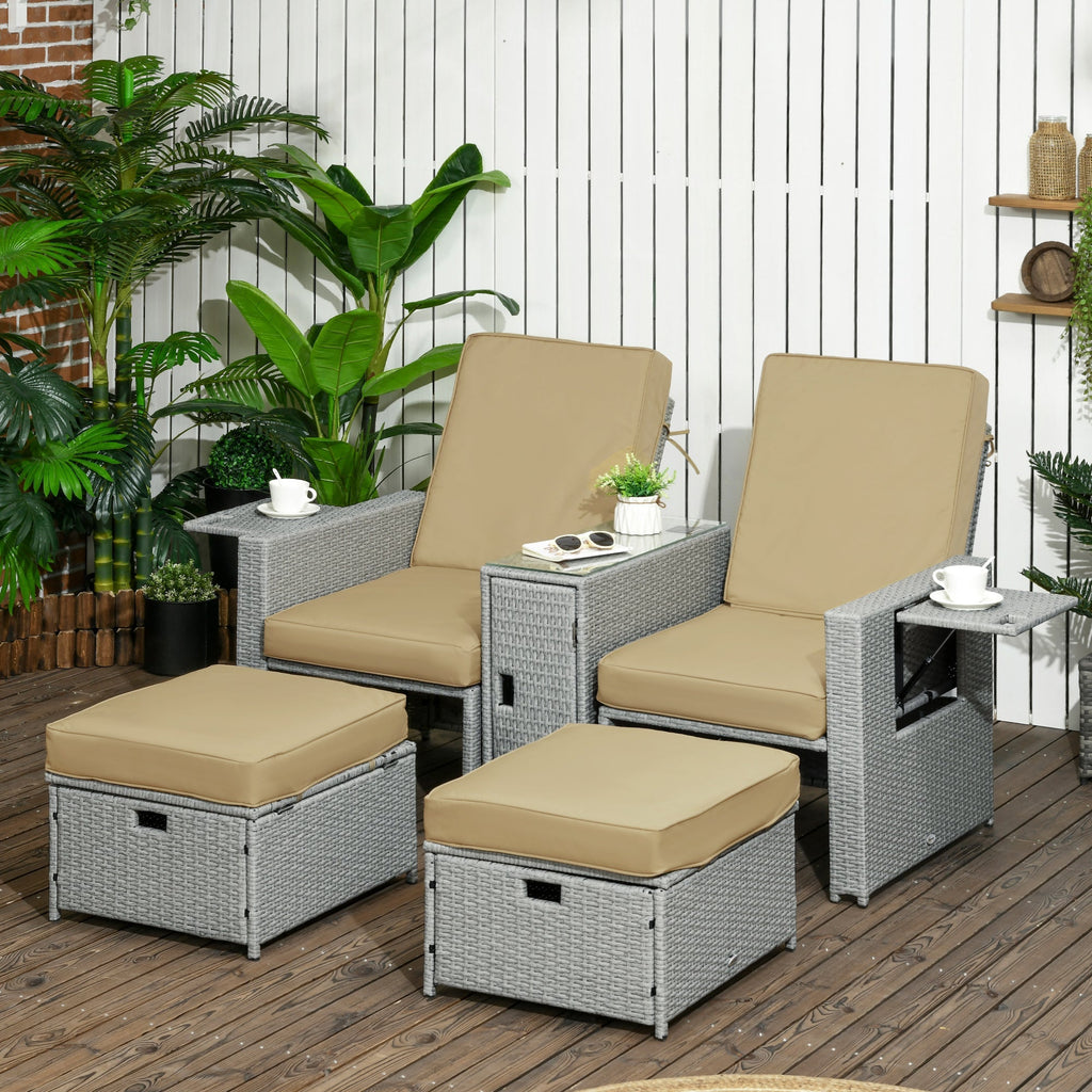 5-Level Adjustable Recliner with Storage Side Table & Footstools for Patio, Poolside, Beige