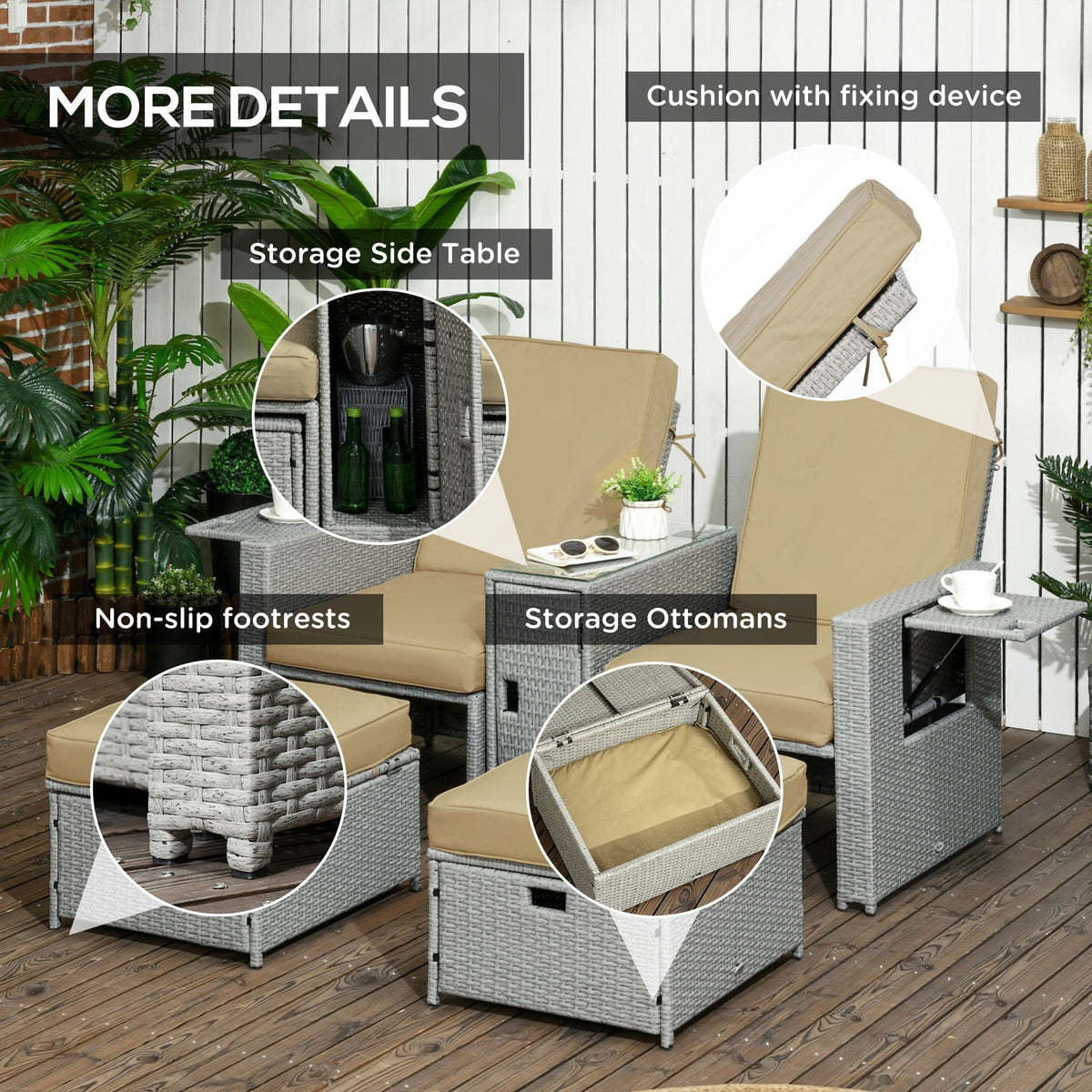 5-Level Adjustable Recliner with Storage Side Table & Footstools for Patio, Poolside, Beige
