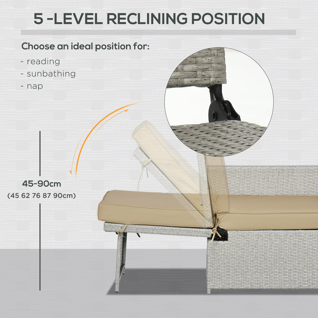5-Level Adjustable Recliner with Storage Side Table & Footstools for Patio, Poolside, Beige