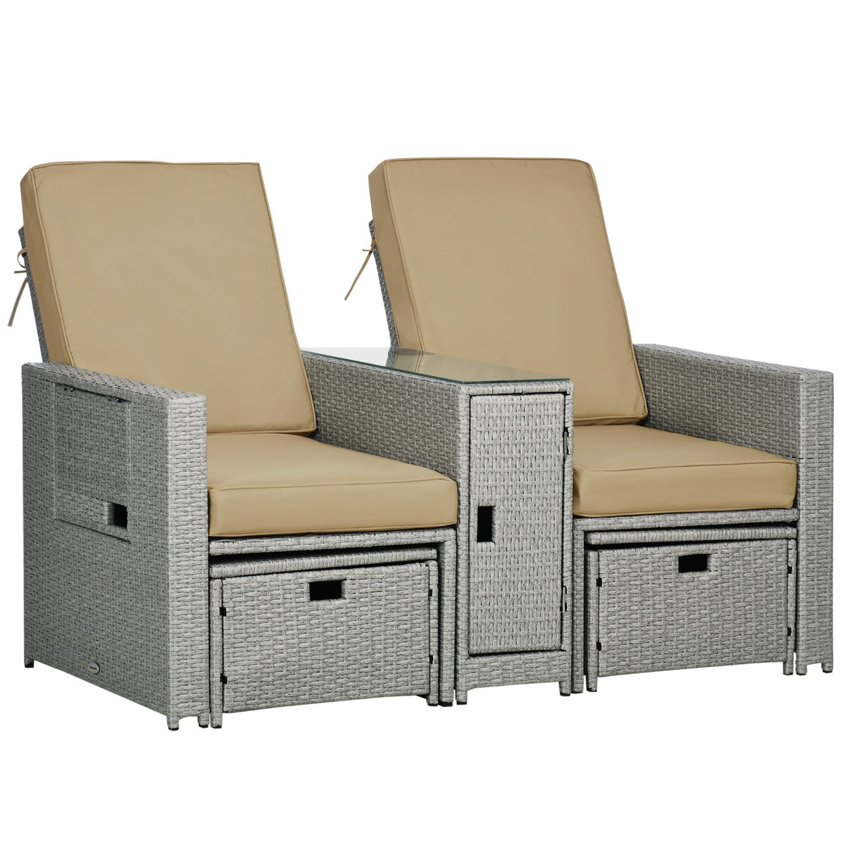 5-Level Adjustable Recliner with Storage Side Table & Footstools for Patio, Poolside, Beige