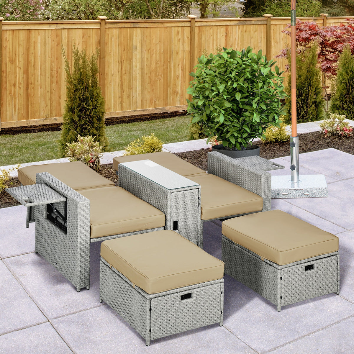 5-Level Adjustable Recliner with Storage Side Table & Footstools for Patio, Poolside, Beige