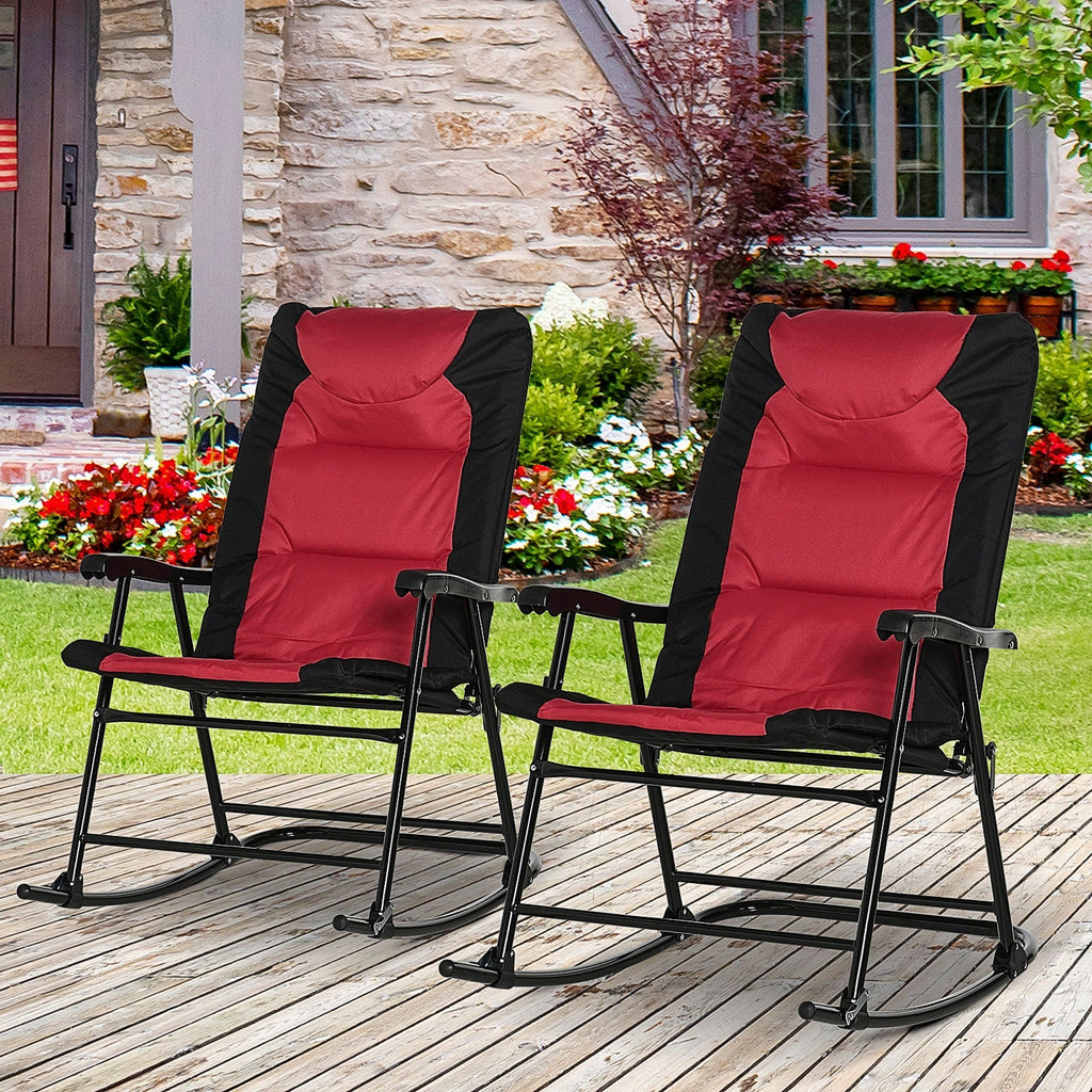 Patio Folding Rocking Chair Set of 2 Padded Rockers with Armrest & Headrest, Red & Black