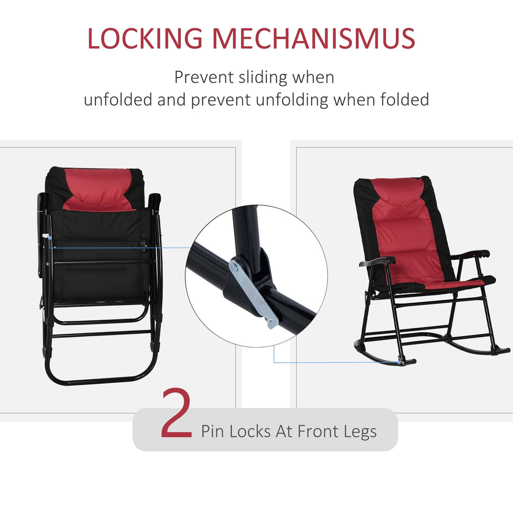 Patio Folding Rocking Chair Set of 2 Padded Rockers with Armrest & Headrest, Red & Black