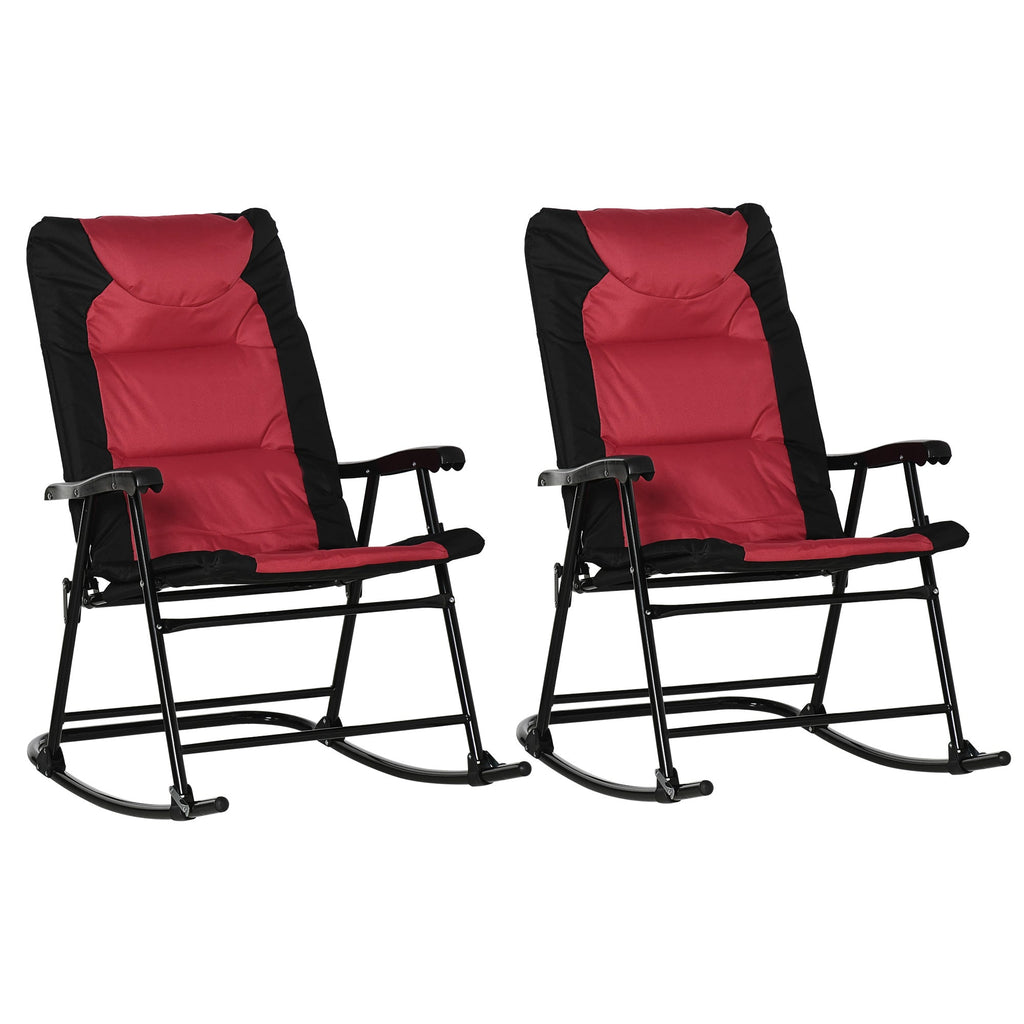 Patio Folding Rocking Chair Set of 2 Padded Rockers with Armrest & Headrest, Red & Black