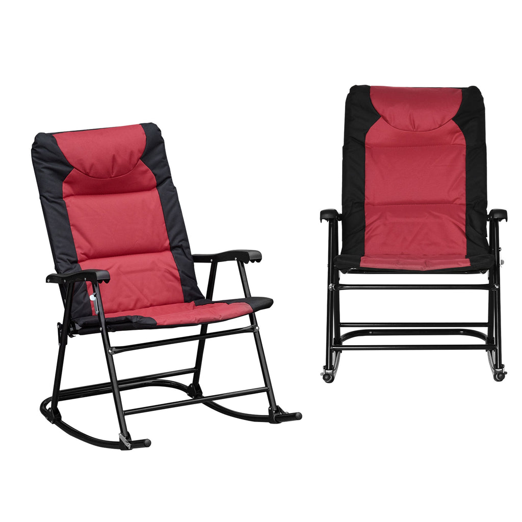 Patio Folding Rocking Chair Set of 2 Padded Rockers with Armrest & Headrest, Red & Black