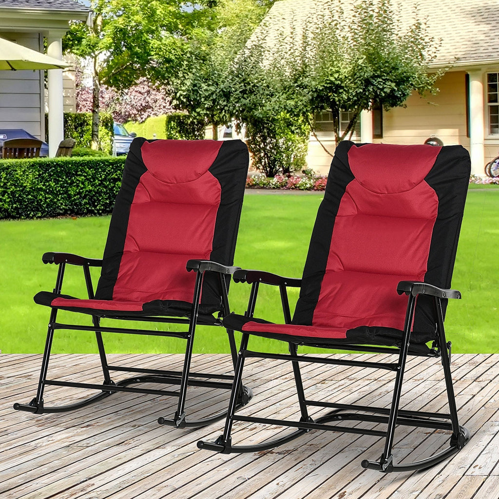 Patio Folding Rocking Chair Set of 2 Padded Rockers with Armrest & Headrest, Red & Black