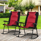 Patio Folding Rocking Chair Set of 2 Padded Rockers with Armrest & Headrest, Red & Black