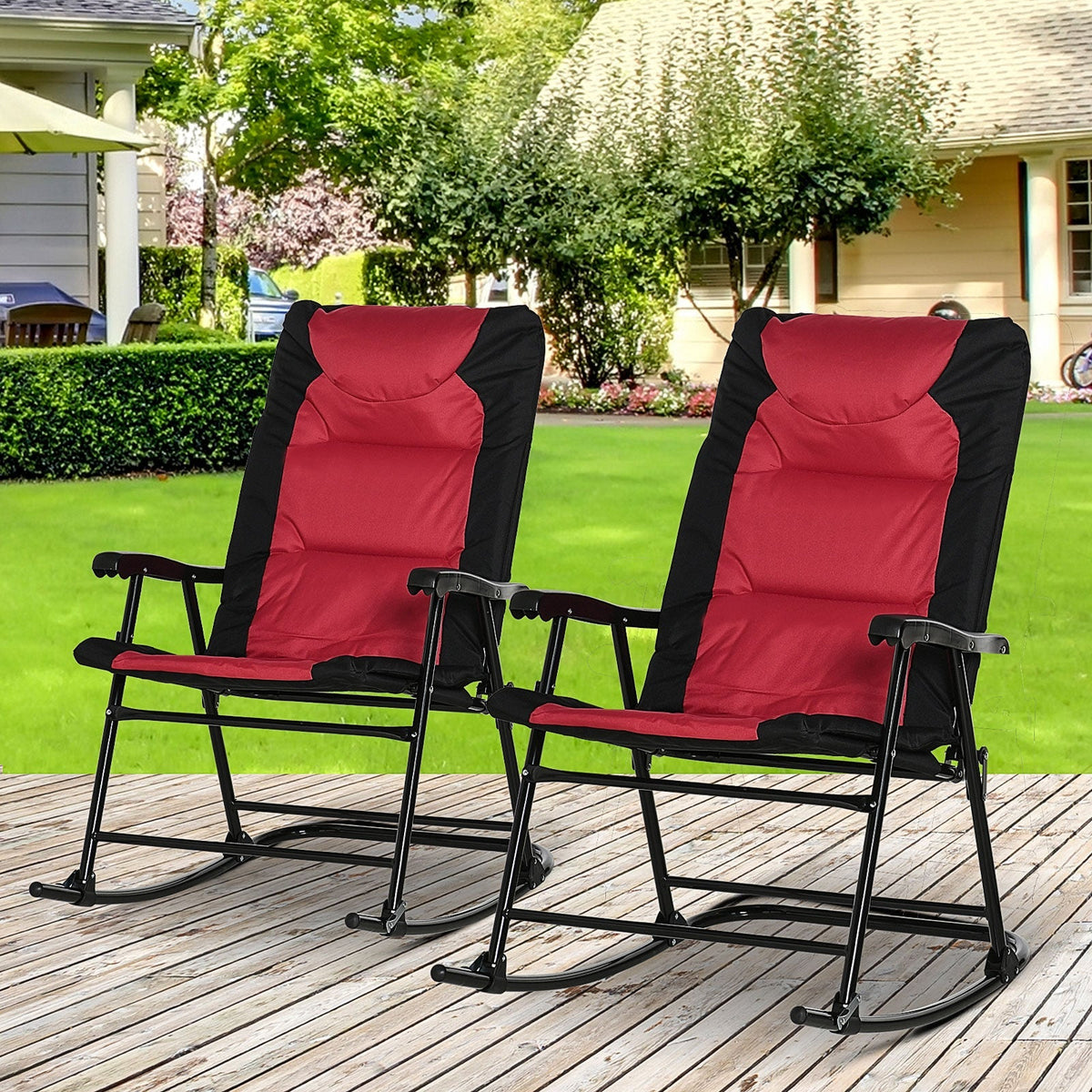 Patio Folding Rocking Chair Set of 2 Padded Rockers with Armrest & Headrest, Red & Black