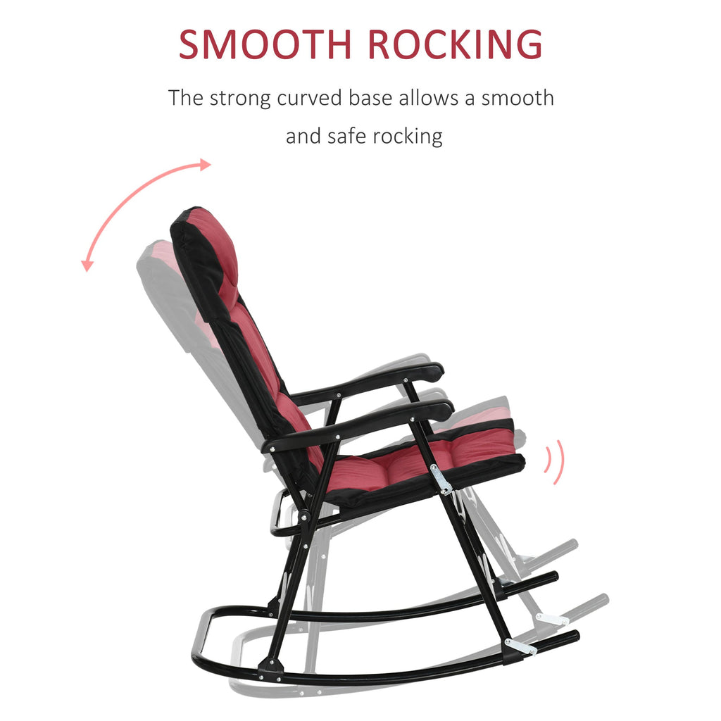 Patio Folding Rocking Chair Set of 2 Padded Rockers with Armrest & Headrest, Red & Black