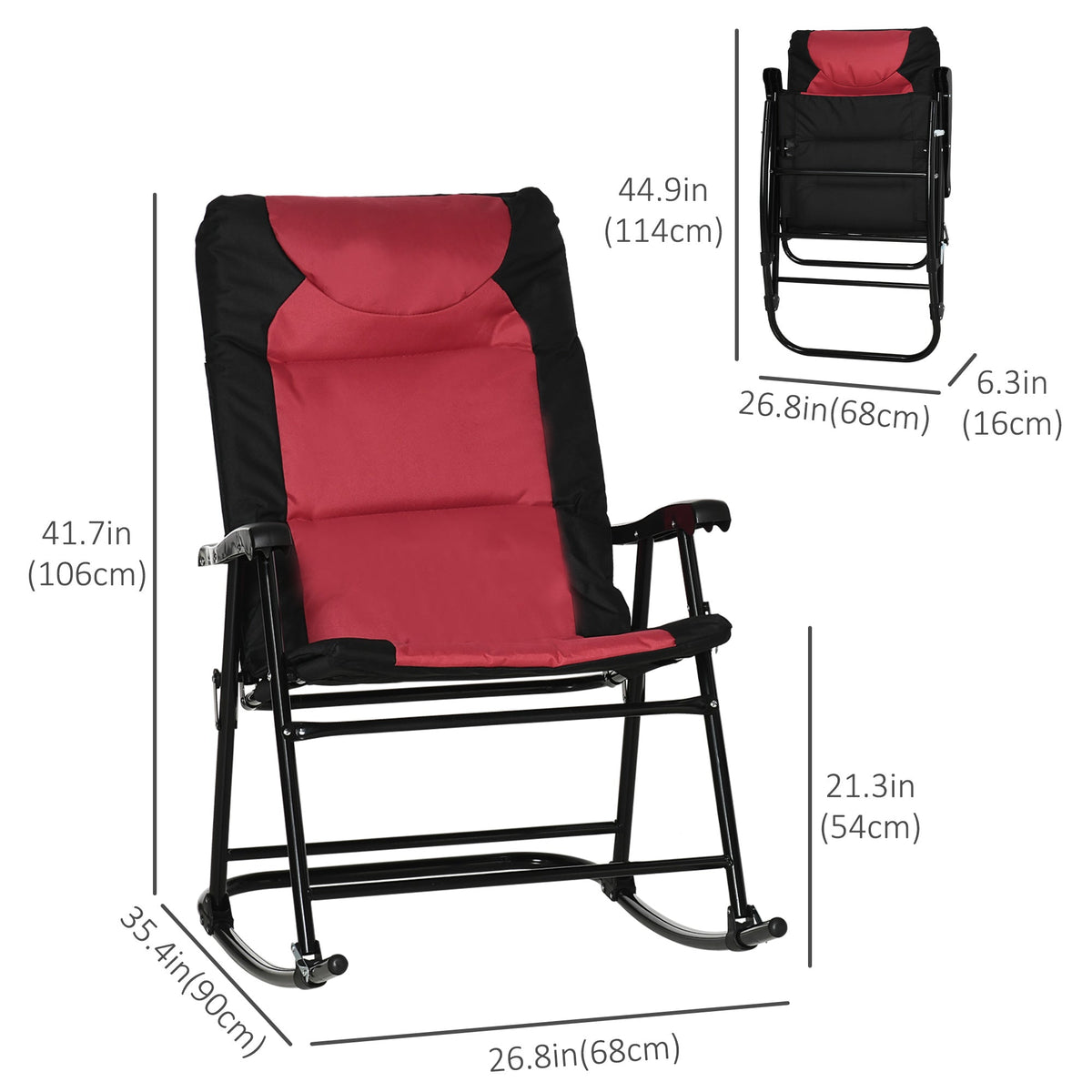 Patio Folding Rocking Chair Set of 2 Padded Rockers with Armrest & Headrest, Red & Black