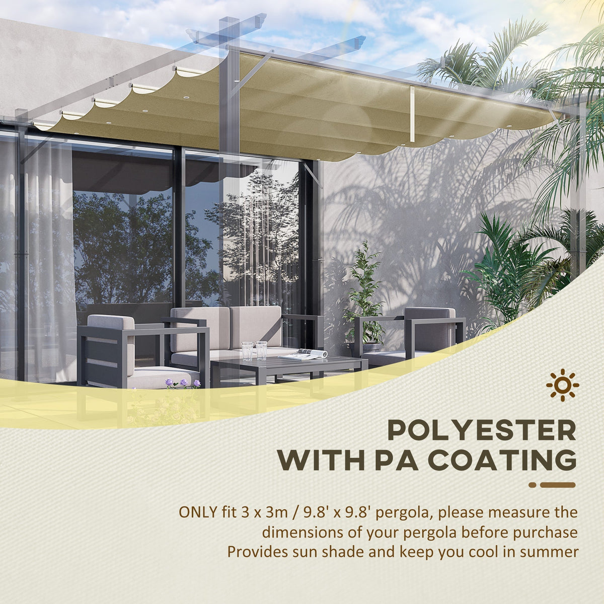Retractable Replacement Pergola Canopy for 10' x 10' Pergola, Beige