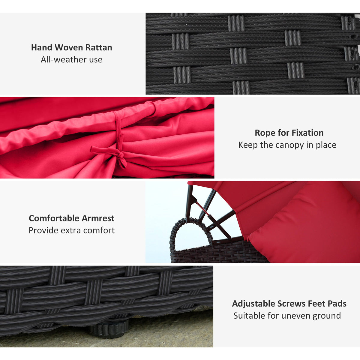 4-piece Round Outdoor Daybed with Retractable Canopy, PE Rattan Wicker Chair, Red