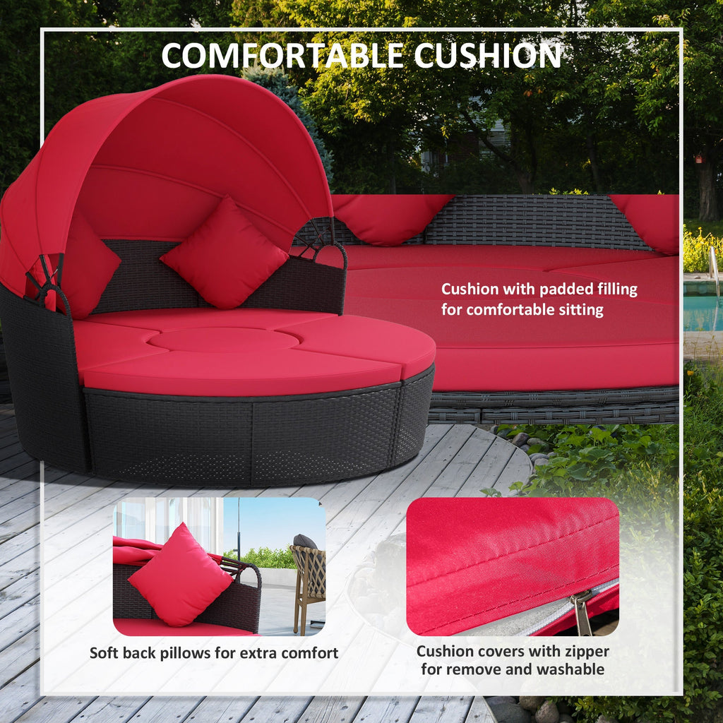 4-piece Round Outdoor Daybed with Retractable Canopy, PE Rattan Wicker Chair, Red