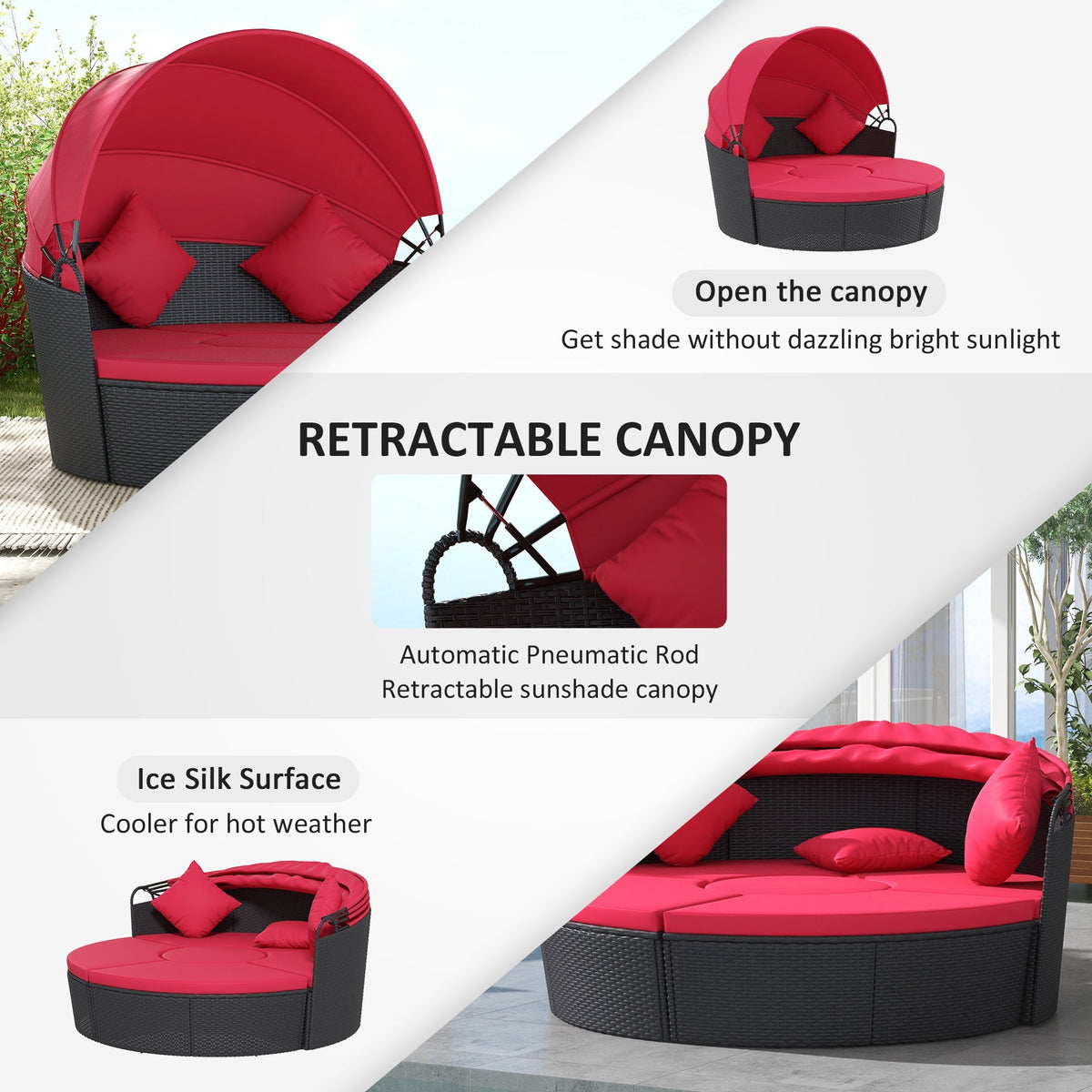 4-piece Round Outdoor Daybed with Retractable Canopy, PE Rattan Wicker Chair, Red