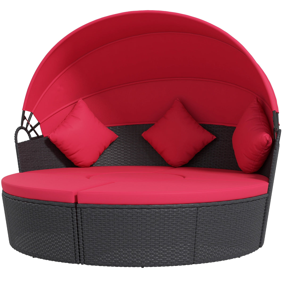 4-piece Round Outdoor Daybed with Retractable Canopy, PE Rattan Wicker Chair, Red