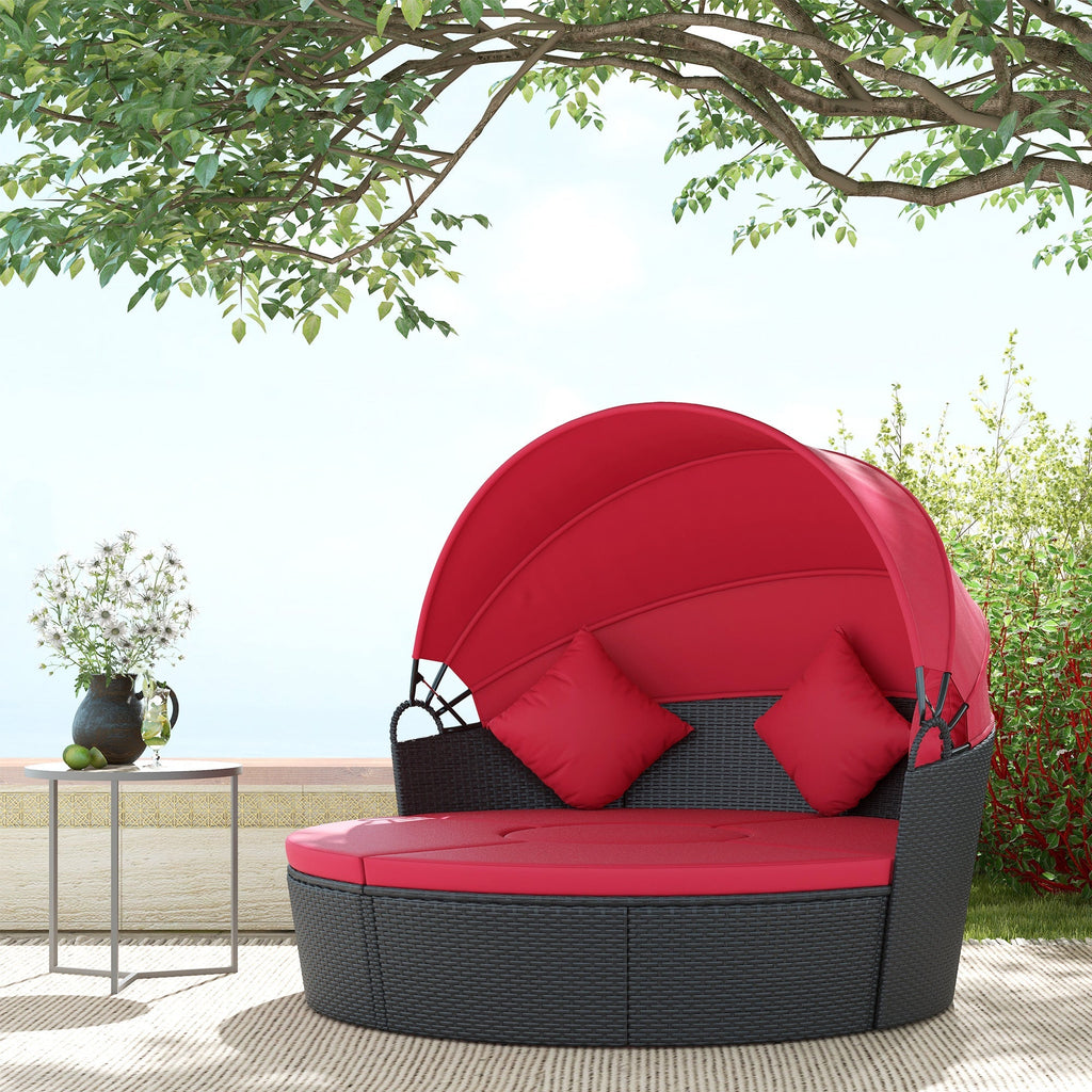 4-piece Round Outdoor Daybed with Retractable Canopy, PE Rattan Wicker Chair, Red