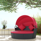 4-piece Round Outdoor Daybed with Retractable Canopy, PE Rattan Wicker Chair, Red