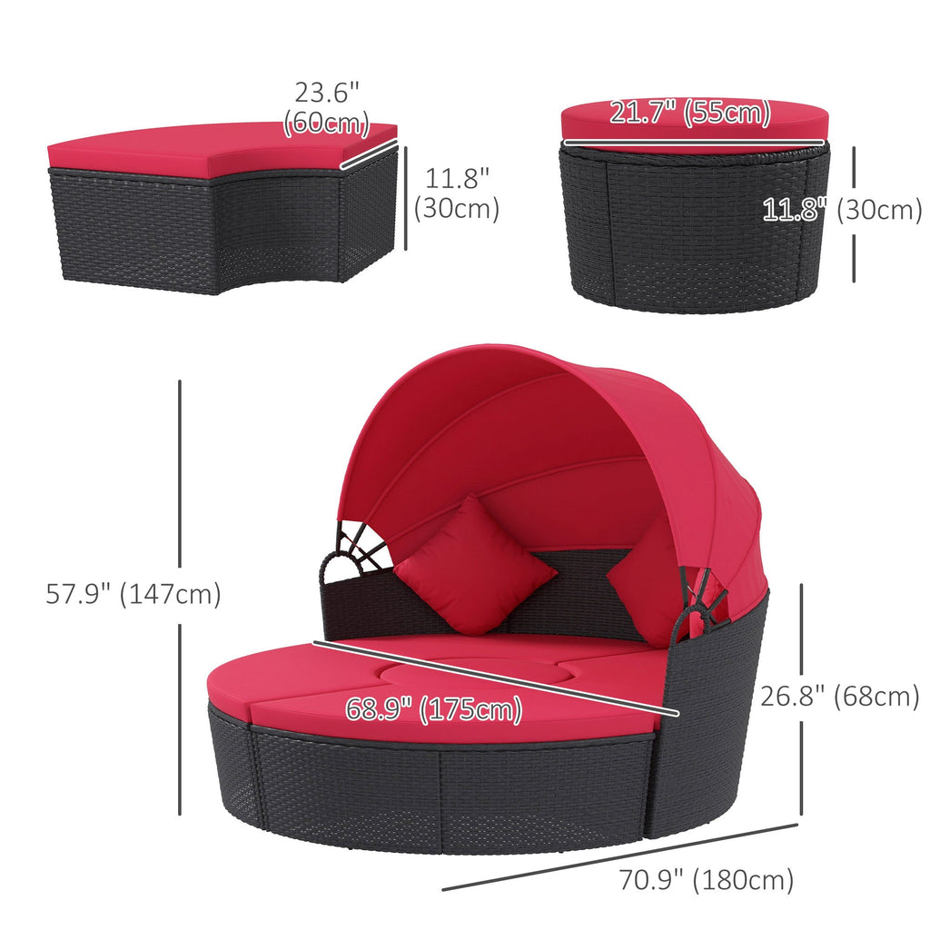4-piece Round Outdoor Daybed with Retractable Canopy, PE Rattan Wicker Chair, Red