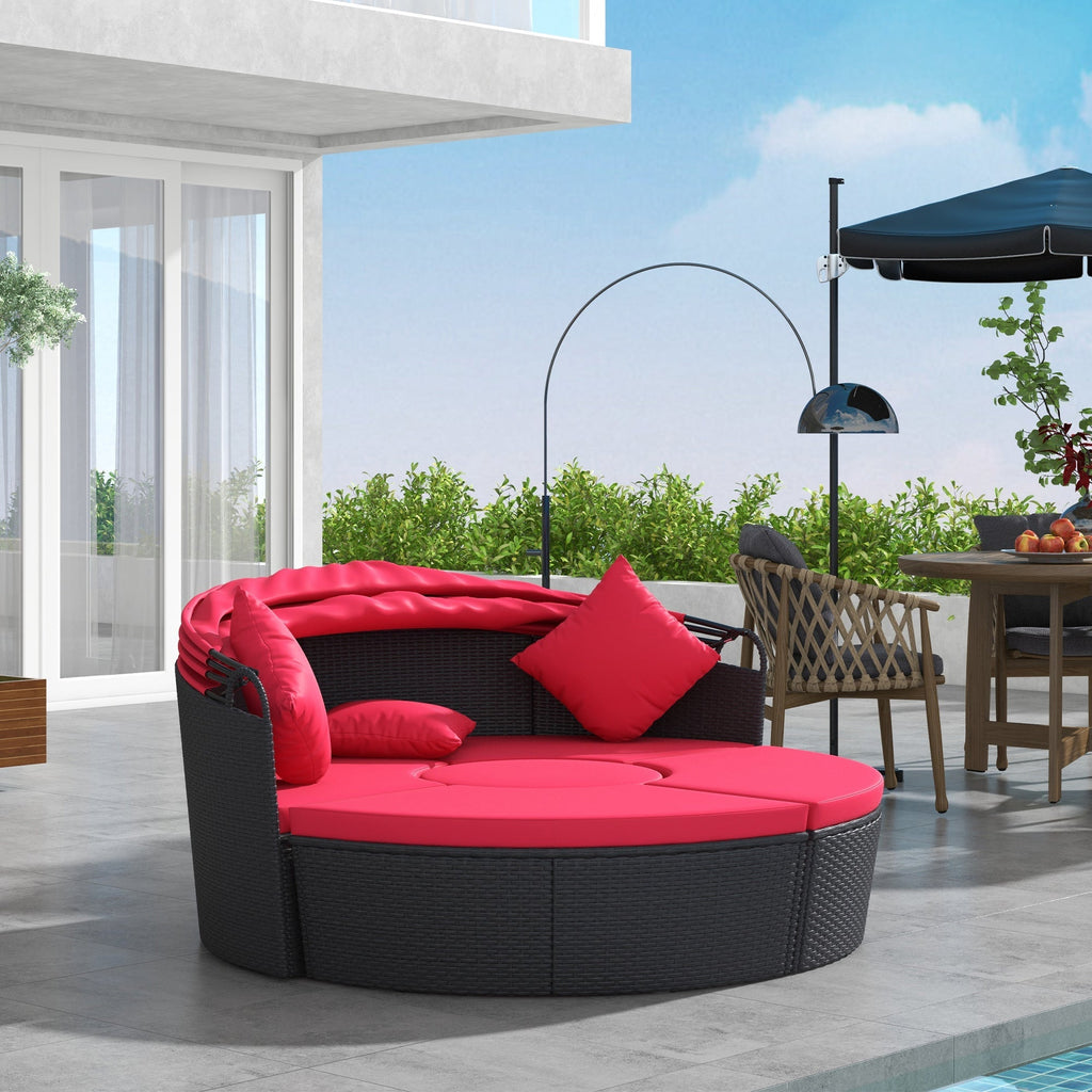 4-piece Round Outdoor Daybed with Retractable Canopy, PE Rattan Wicker Chair, Red