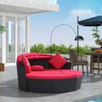 4-piece Round Outdoor Daybed with Retractable Canopy, PE Rattan Wicker Chair, Red