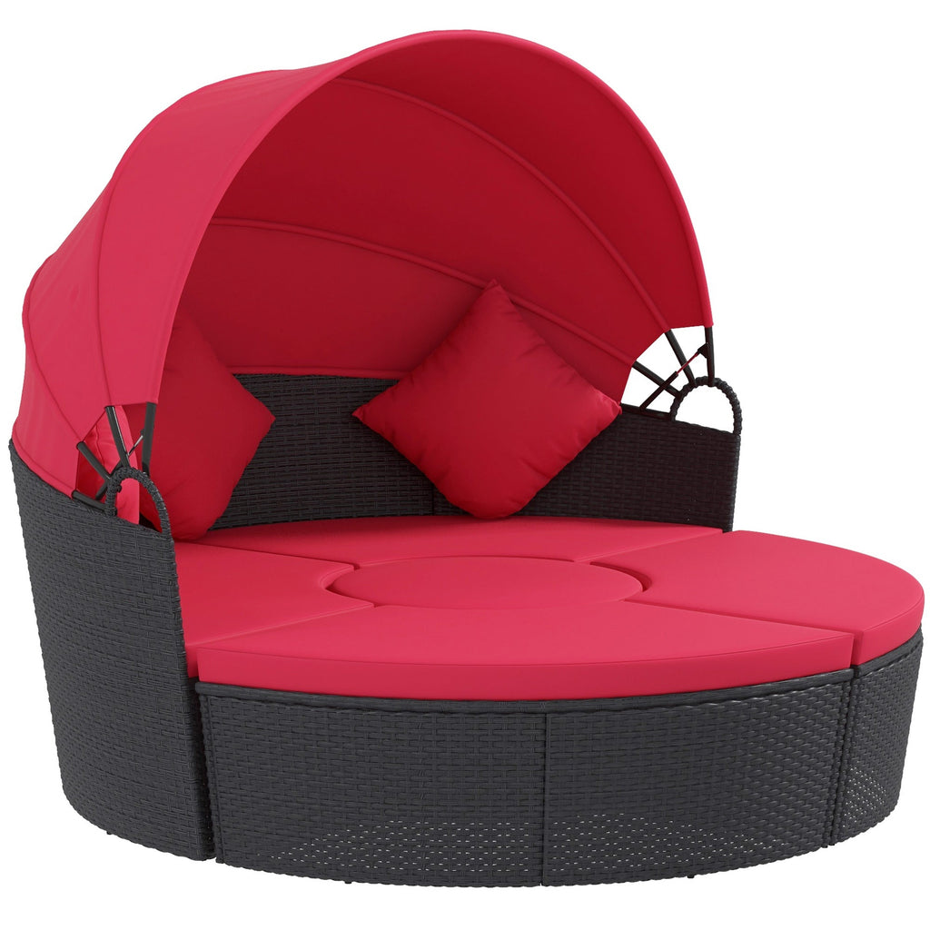 4-piece Round Outdoor Daybed with Retractable Canopy, PE Rattan Wicker Chair, Red