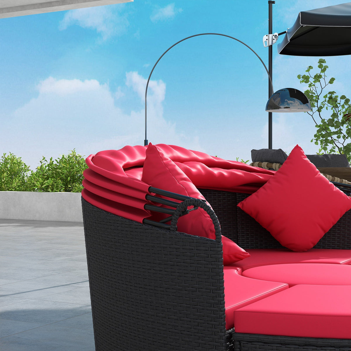 4-piece Round Outdoor Daybed with Retractable Canopy, PE Rattan Wicker Chair, Red