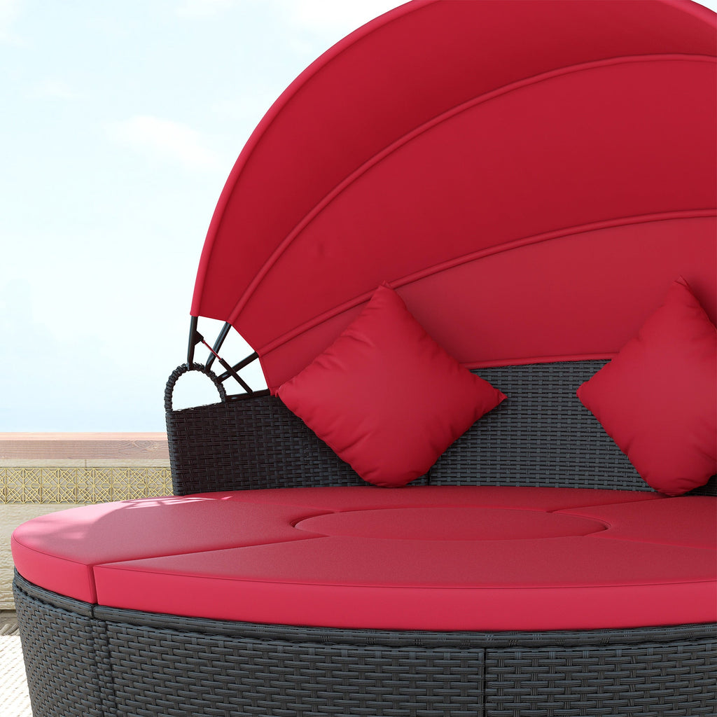 4-piece Round Outdoor Daybed with Retractable Canopy, PE Rattan Wicker Chair, Red