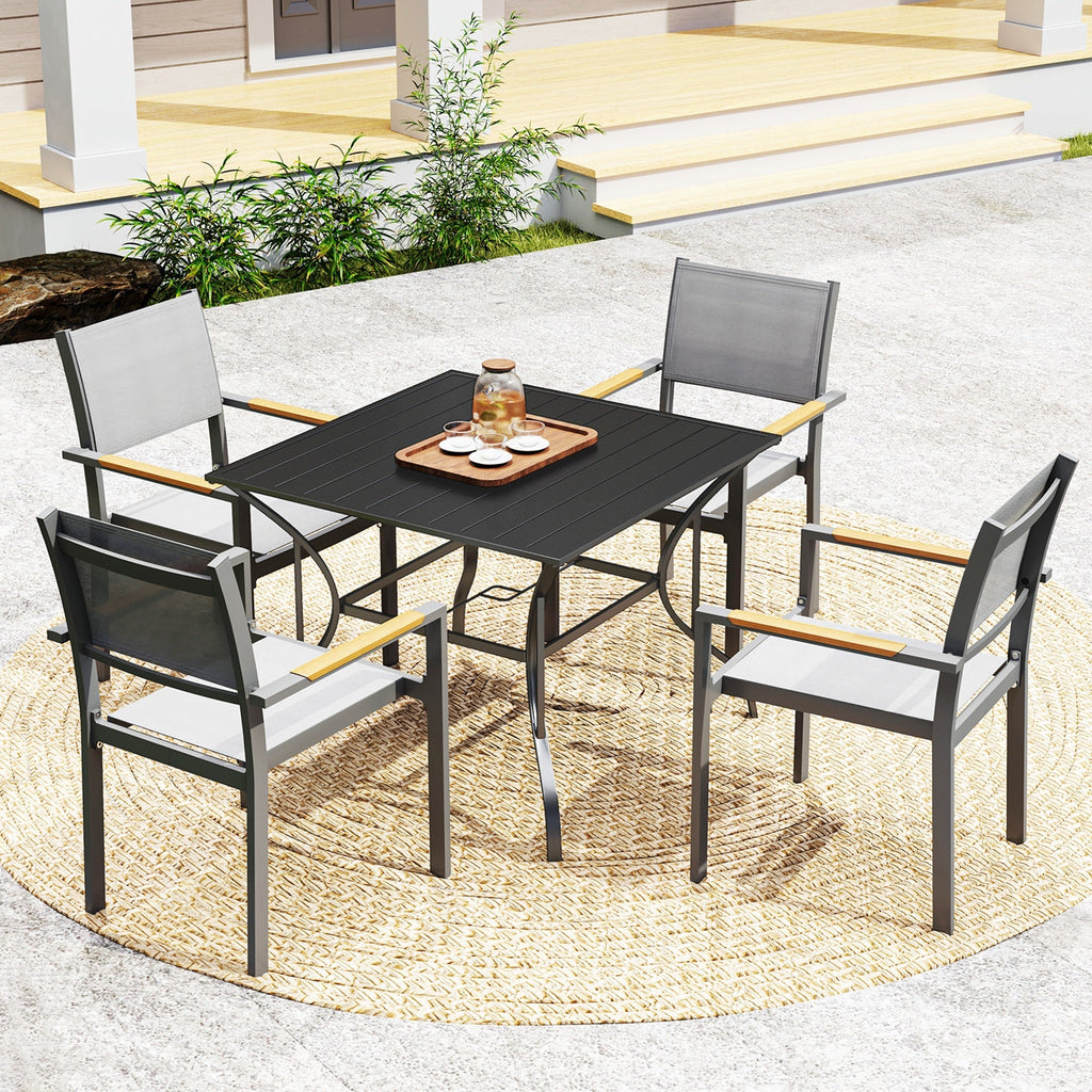 Outdoor Patio Table for 4, Square Garden Table w/ Parasol Hole & Slatted Metal Top, Black