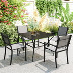 Outdoor Patio Table for 4, Square Garden Table w/ Parasol Hole & Slatted Metal Top, Black