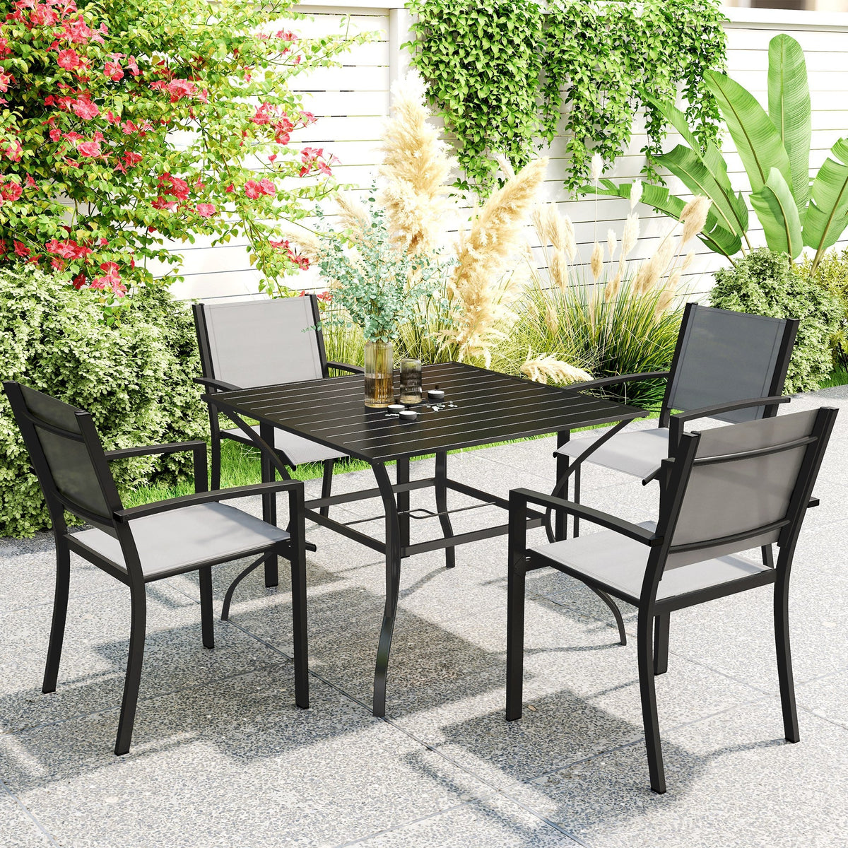 Outdoor Patio Table for 4, Square Garden Table w/ Parasol Hole & Slatted Metal Top, Black